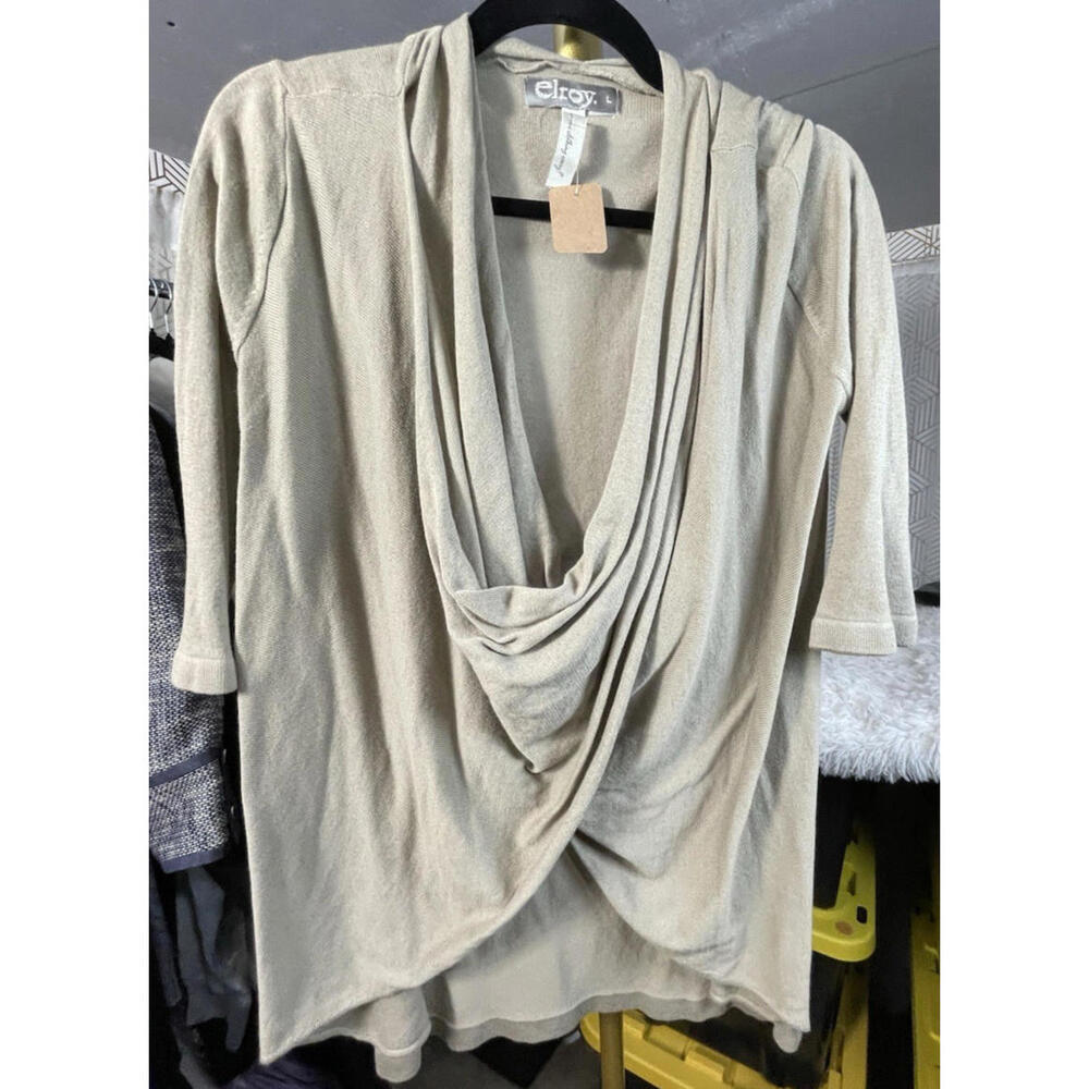 NWT Elroy. Women's Beige Draped Neck Knit Cross Over Sweater Top 100% Cotton L